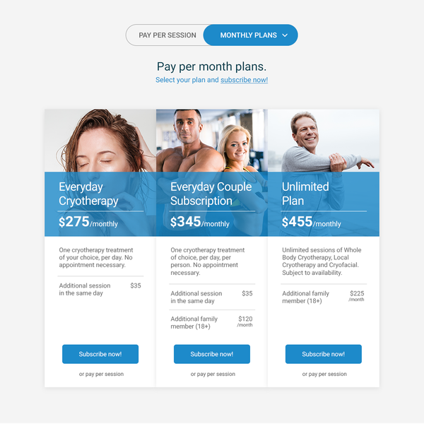 Pricing page for Cryotherapy business
