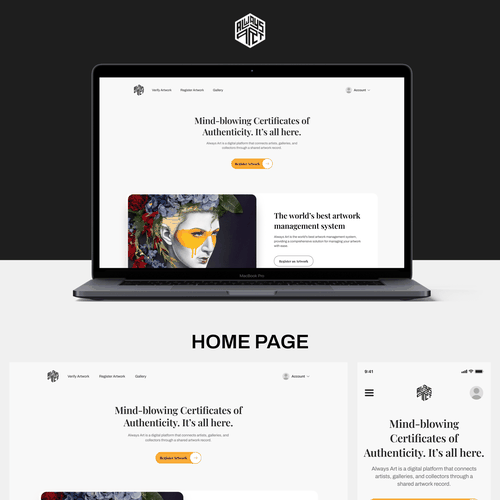 Homepage and a single Page Design for Always Art an art related startup company. Design by DESIGNATHON