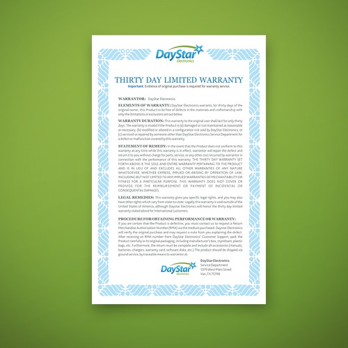 Warranty Card Design for Electronics Business Print or packaging