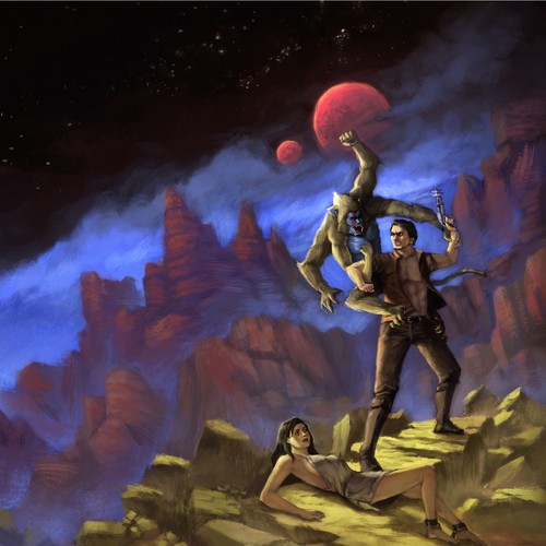 70's style science-fantasy custom art for book cover Design by Luxe