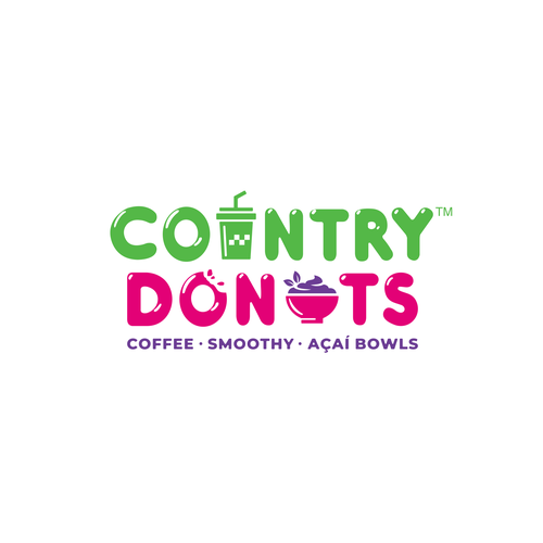 We need a modern exciting logo to encompasses our Name Country Donuts Coffee smoothy bowls Design réalisé par crapit