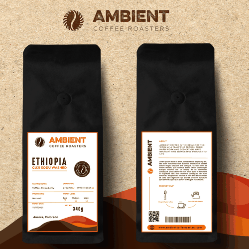 Develop front and back labels for Ambient Coffee Roasters coffee bag Réalisé par Fabigulupa