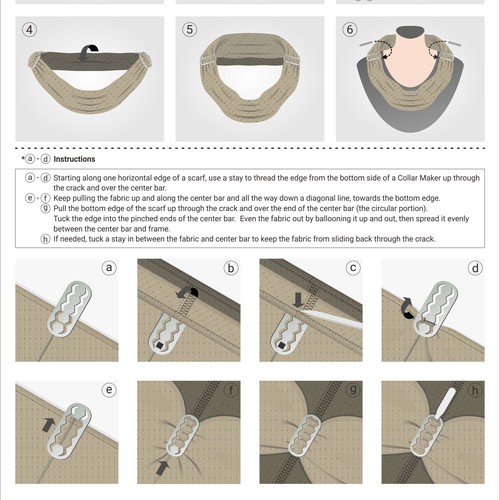 Design two similar infographics (for 2 web pages) for a new scarf shaping and securing tool. Design by kirana32