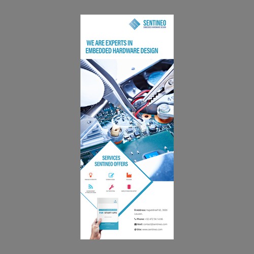 Design of a roll-up banner for a trade-fair introducing our Electronic Design Agency! Design by Creativity symbol