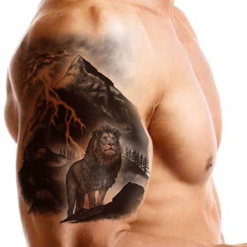 Mountain, lion and a lightning tattoo (right-side shoulder to arm) Design by vega bayu