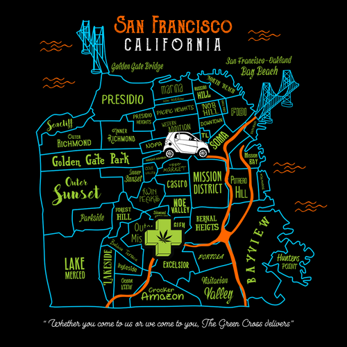 Create a vibrant San Francisco map-themed t-shirt for The Green Cross! Design by xzequteworx
