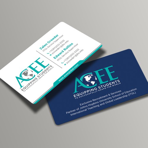 ACEE's new business card to show the partnership with JHU ITGL program Design von Roni_