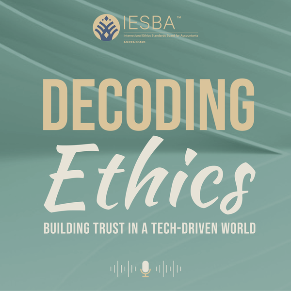 Bold, sleek podcast cover for "Decoding Ethics - building trust in a tech driven world"