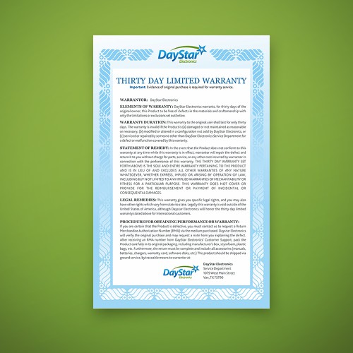 Warranty Card Design for Electronics Business Print or packaging