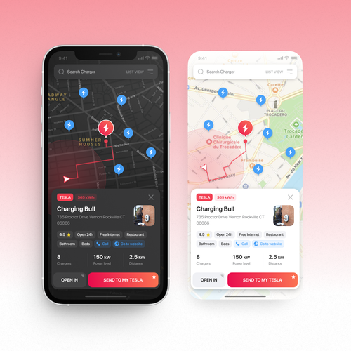 Tesla App to localise charging point on a map Design by Ratko Batinic