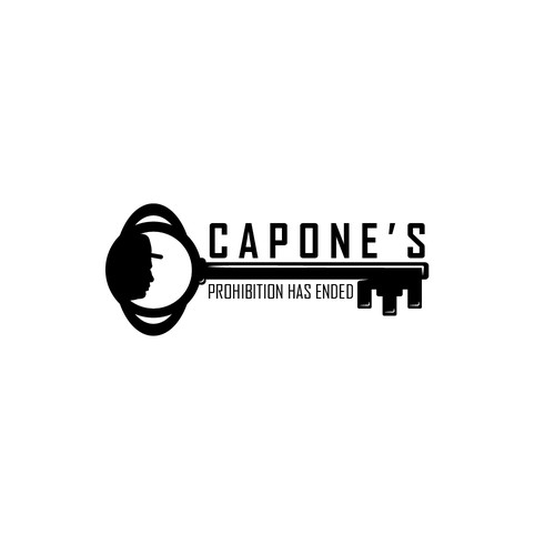 Design a prohibition style logo with a old key and al Capone face ( side view ) black and white Design by BRANDITU