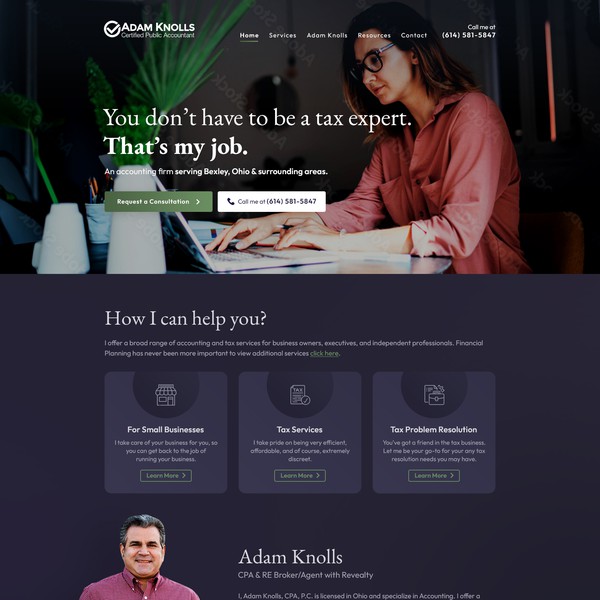 Home page redesign for Adam Knolls CPA