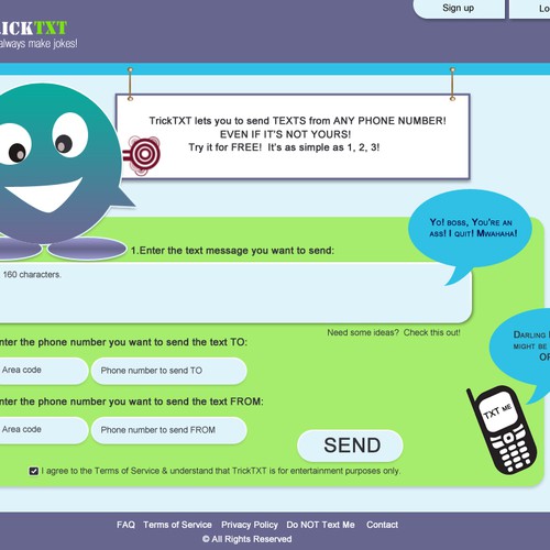 TEXT MESSAGE site w/CALLER ID SPOOFING! Send PRANK TEXTS!  page