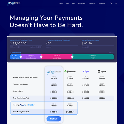 Design a landing page for a credit card processing comparison calculator. Design by Nash Radak