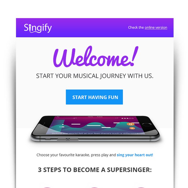 Diseño de SFicu titulado "Classy on-boarding e-mail for Singify"
