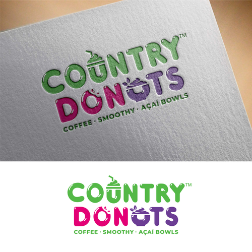 We need a modern exciting logo to encompasses our Name Country Donuts Coffee smoothy bowls Design réalisé par crapit