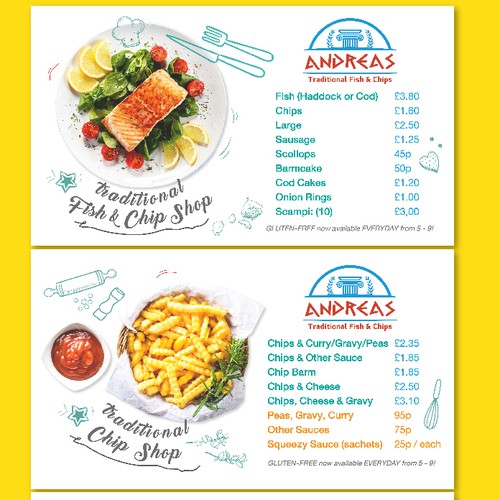 Fish and Chip Shop Menu Design Design by Ruethairat.Me