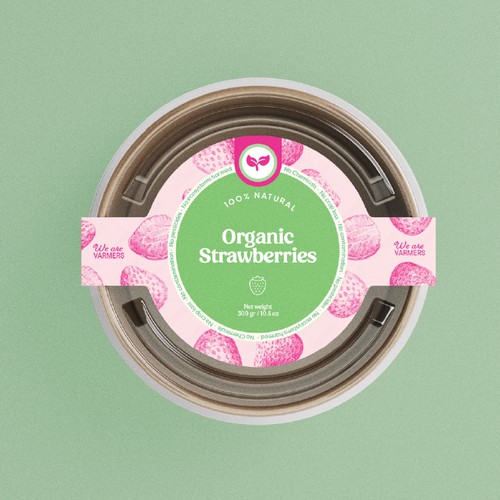 A box of strawberries! Varmers Strawberries Productlabel Diseño de @evergracedesign