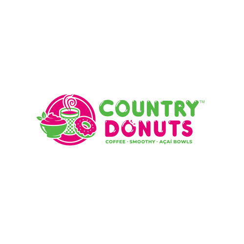 We need a modern exciting logo to encompasses our Name Country Donuts Coffee smoothy bowls Design réalisé par crapit