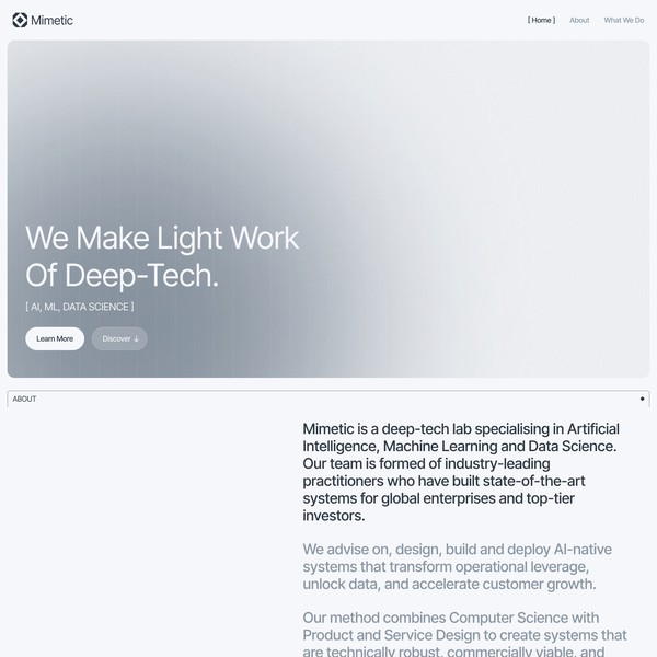 Design by sokolskiyDesign titled "Mimetic - Deep-Tech consultancy and advisor"