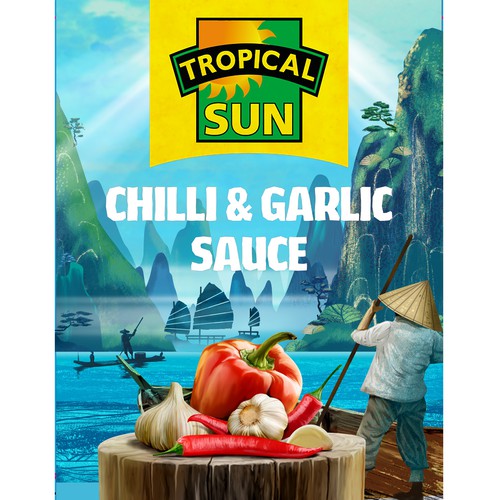 Tropical Sun Chilli & Garlic Sauce Label Digital Painting Design réalisé par thelembique