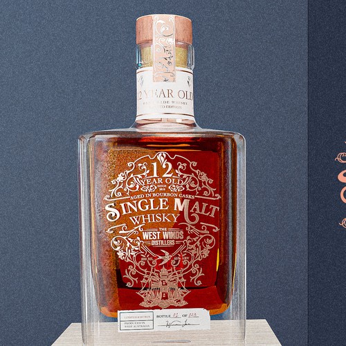 Premium Bottle Label for 12 Year Old Single Malt Bourbon Cask Whisky Design by Antidotooo™