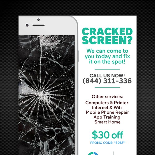 Create a flyer for Eden. Empowering people with cracked screen repair! Design by LireyBlanco
