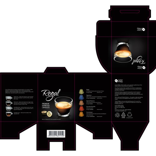 Design an espresso coffee box package. Modern, international, exclusive. Design by Coshe®