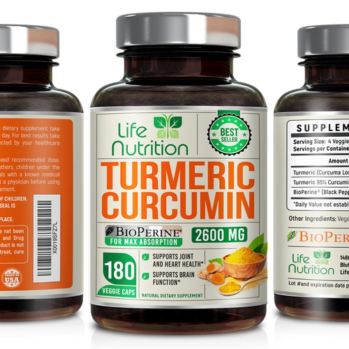 Life Nutrition needs a "beautiful label" for its Turmeric Extract bottle -  (Two (2) Winners will be awarded! ) Design by 18-Designs