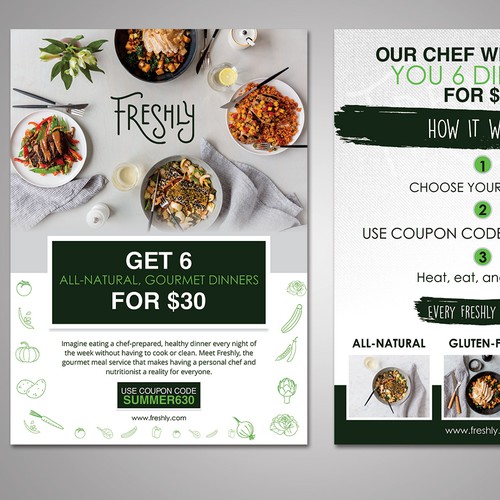 Create a clear and captivating promotional insert for Freshly, a healthy food service Diseño de FuturisticBug