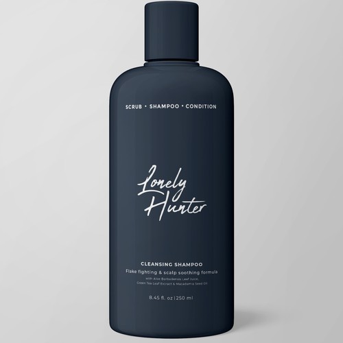 Minimalist shampoo bottle design for approachable male hair brand Design by Katyaa