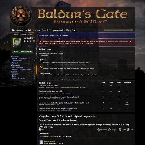 New Baldur's Gate forums need design help Réalisé par genius4hire