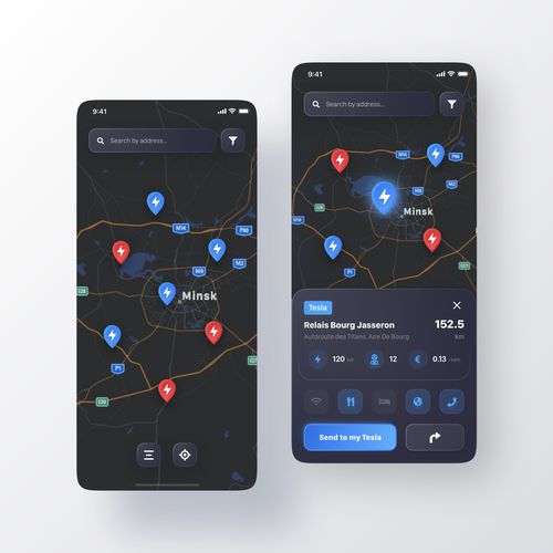 Tesla App to localise charging point on a map Design by Uladzis