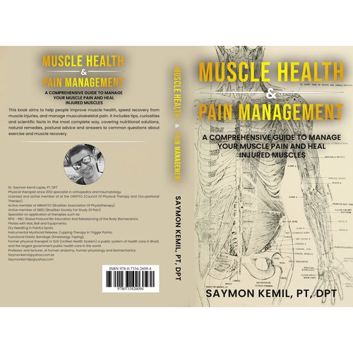 Book cover with a drawing images of the human anatomy combining muscles and bone structure. Design by NoBoundaries