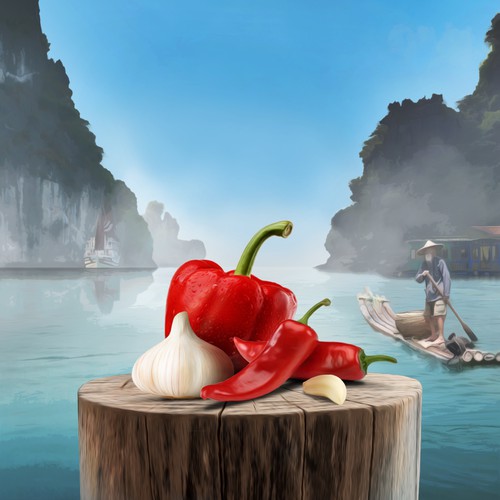 Design Tropical Sun Chilli & Garlic Sauce Label Digital Painting por FitzgeraldDesigns