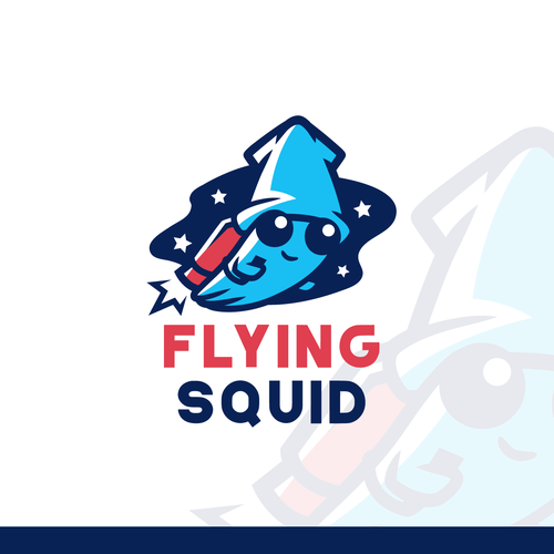 Logo of a squid wearing a jetpack for product named FlyingSquid Design by Rock N Draw