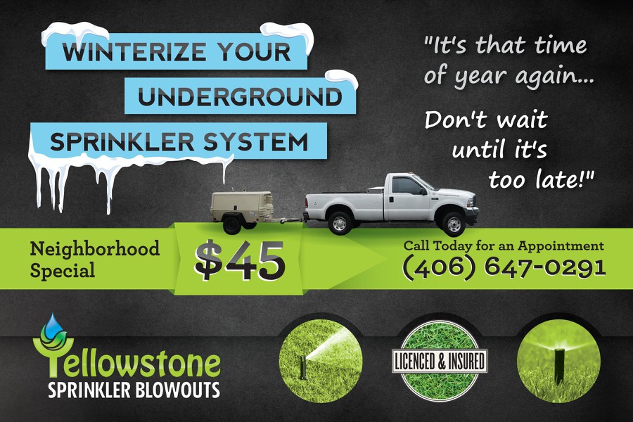 postcard or flyer for Yellowstone Sprinkler Blowouts Postcard, flyer