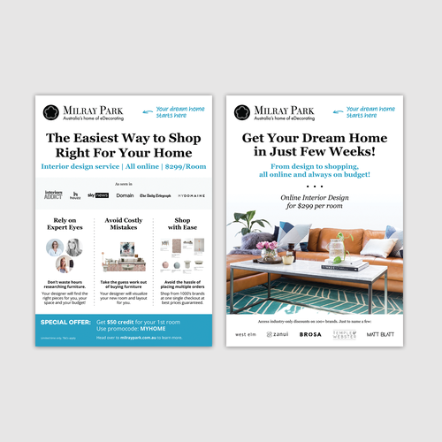 Design a mailbox flyer for an online interior design company Postcard