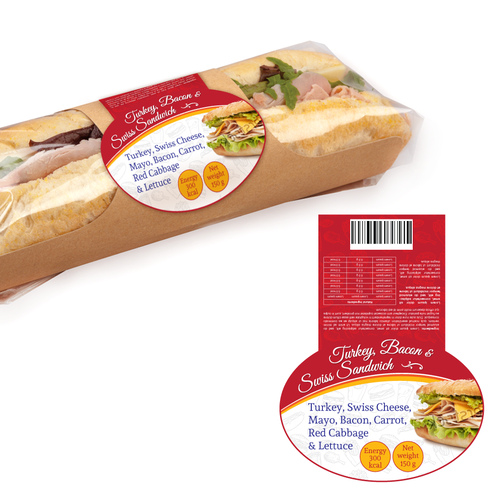 Create a fresh modern label for pre packaged sandwiches, wraps & rolls