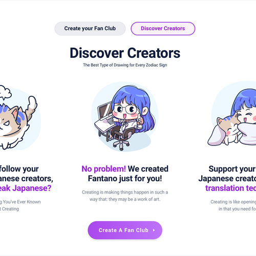Design a membership fan club site where Japanese creators connect with English speaking supporters Design by Alex Capellan.