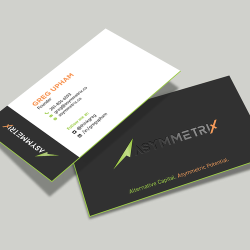 Design a cool, edgey but sophisticated business card for an alternative investment firm. Design von boniamin