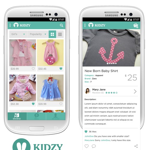 Mobile App Kidzy 2 simple screens + Logo. Design by Kei & Lou