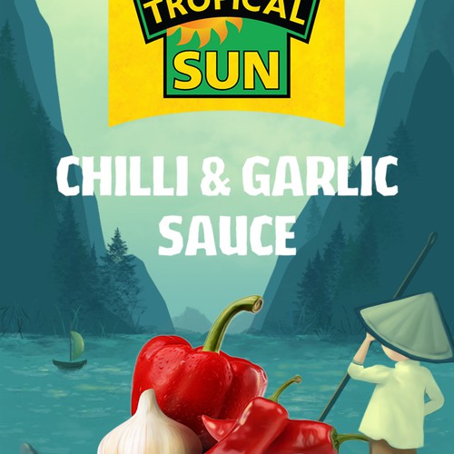 Tropical Sun Chilli & Garlic Sauce Label Digital Painting Diseño de FitzgeraldDesigns