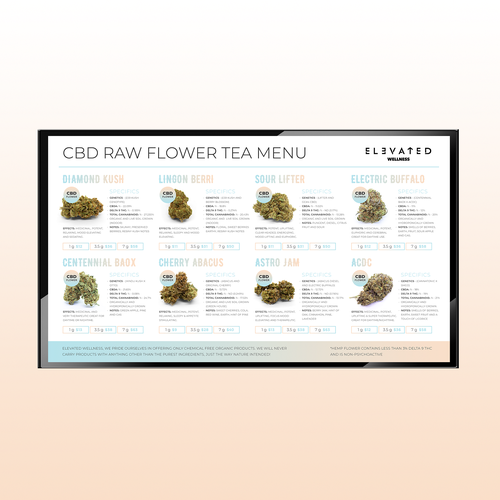 Flashy Cannabis Menu that highlights our Flower options Design by 99B