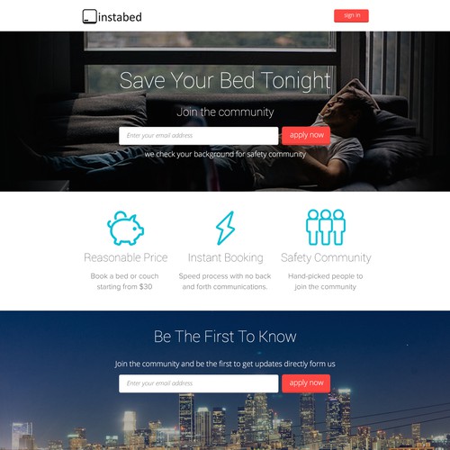 Landing page for simple, on-demand bed booking app Design by oplah