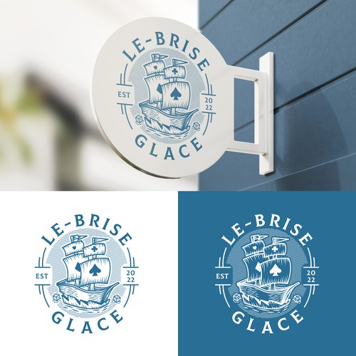 Board game bar logo with tavern design, inspired by vintage ice breaker boat atmosphere - official name is "Le Brise-gla Diseño de Logo Stadium