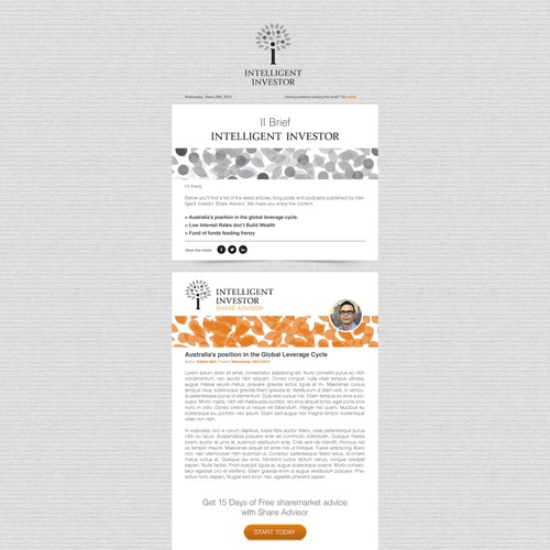 Create a weekly email newsletter template for Intelligent Investor Design by Someguys