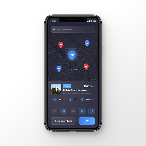 Tesla App to localise charging point on a map Design by Uladzis