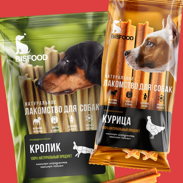 Design by pro_ titled "Packaging design for natural dog treats for a brand «Bisfood» (Russia)"