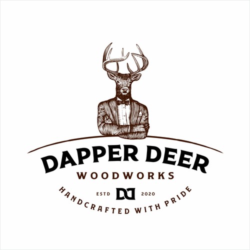 Vintage Dapper Deer logo for high-end woodworking. Design by Cristian-Popescu